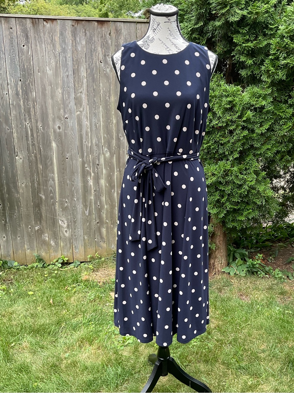 Anne Klein Navy and Ivory Polka Dot Midi Dress